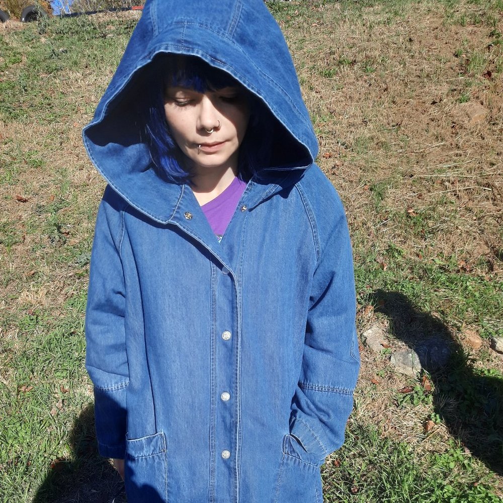 Womens Denim & Co denim w hood Coat M ~great For Chores or driving